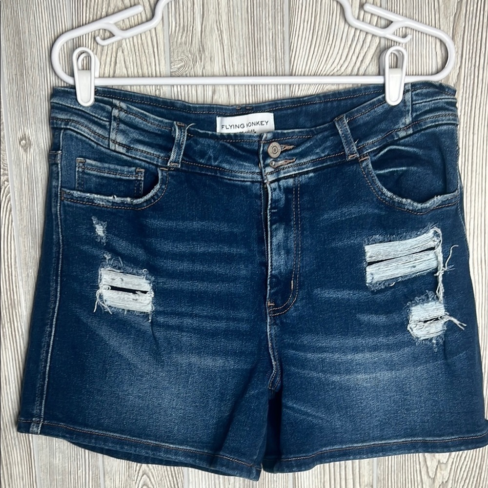 Flying Monkey Blue Denim Shorts High Rise Dark Wash Distressed Size 33